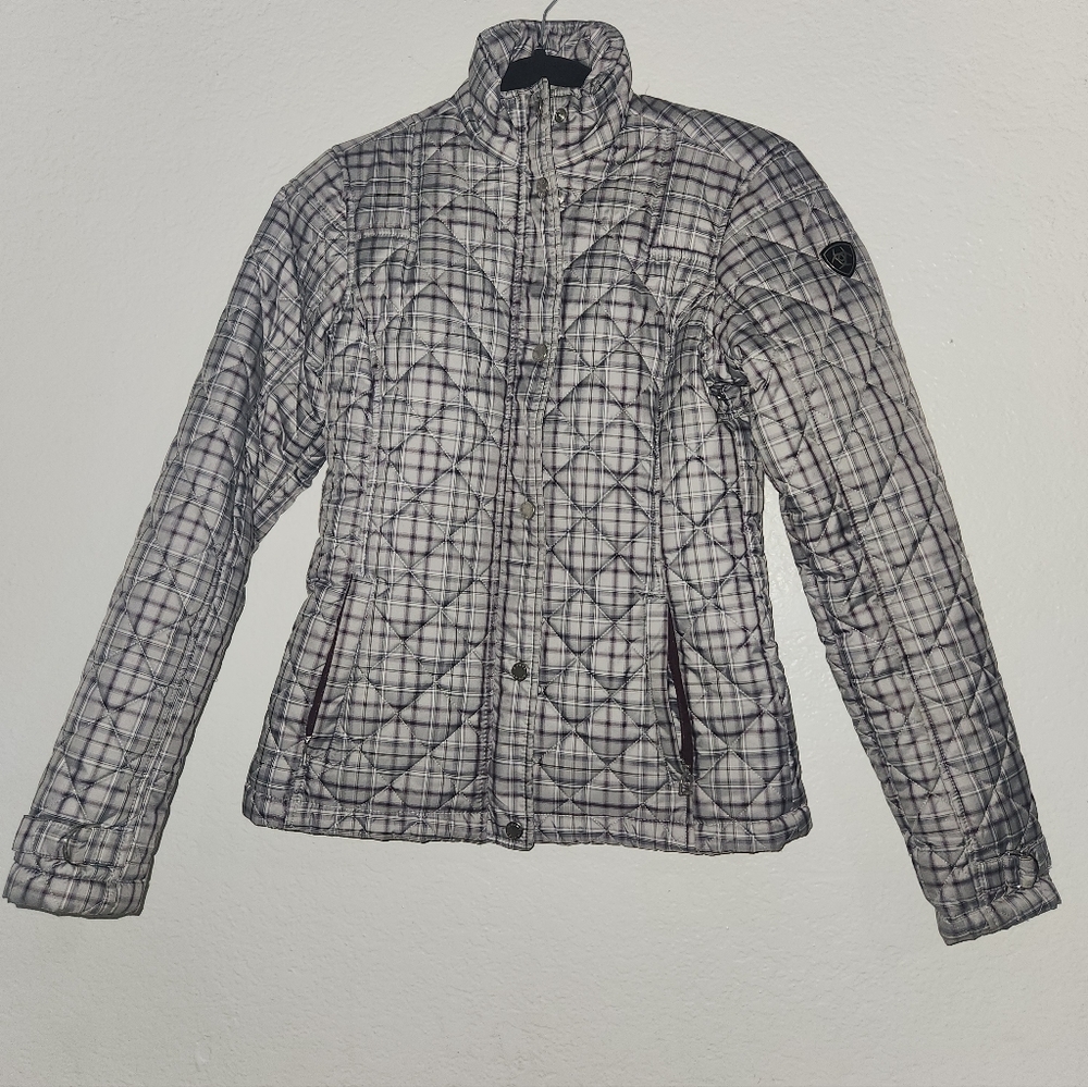 ARIAT gray, white, and lavender plaid/tattersall check Puffer Jacket Extra Small